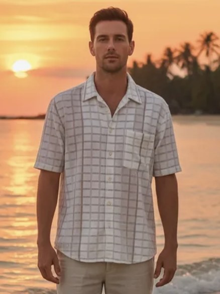 Cream check shirt on a sunset beach